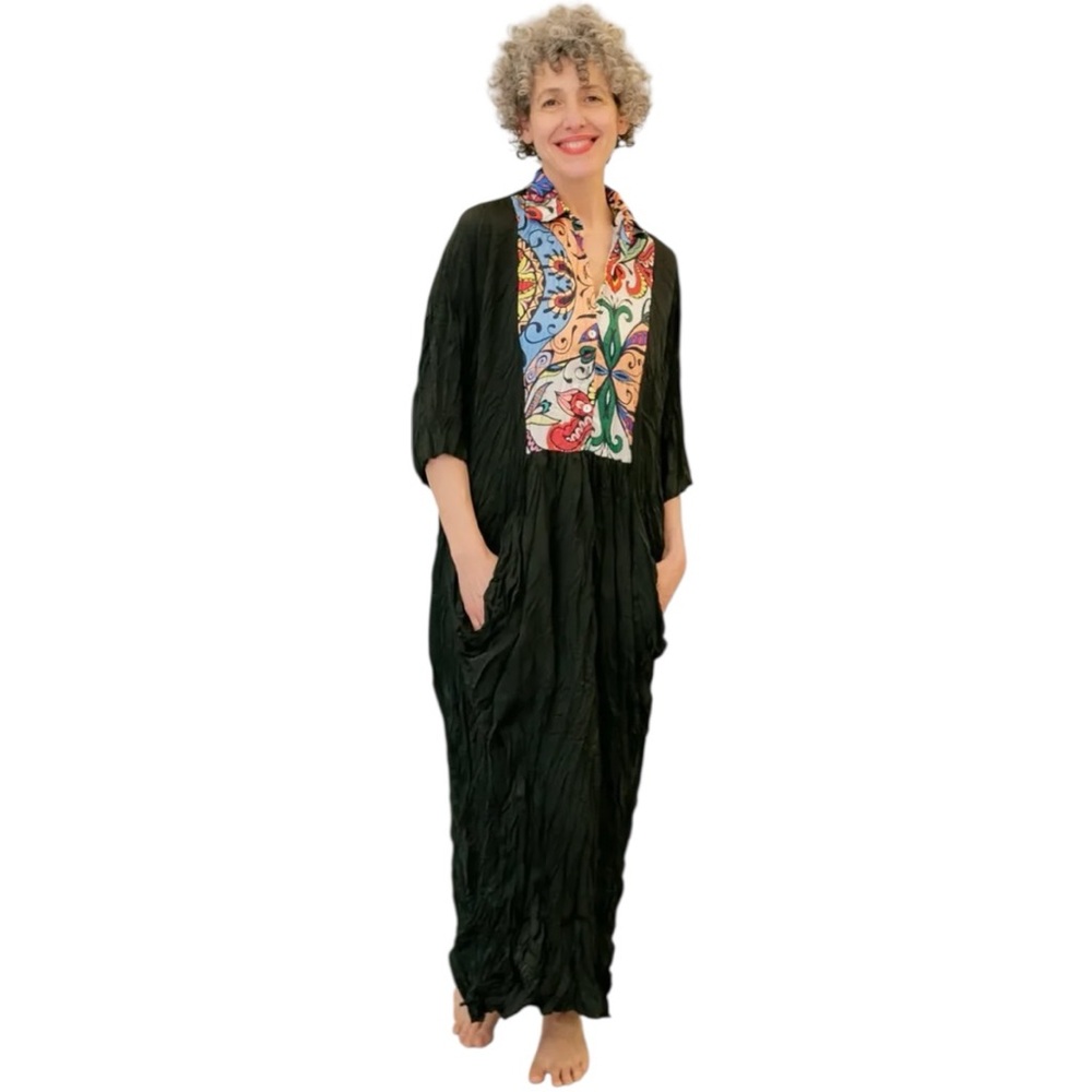 Alembika Black Crinkle Maxi Dress Art Print Bib Oversized NWT Large $348
